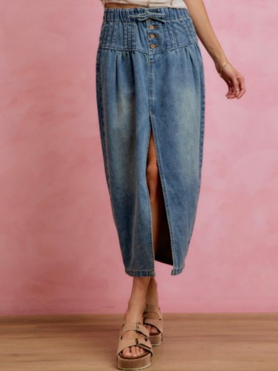 Mid blue denim tube buttoned open front midi skirts