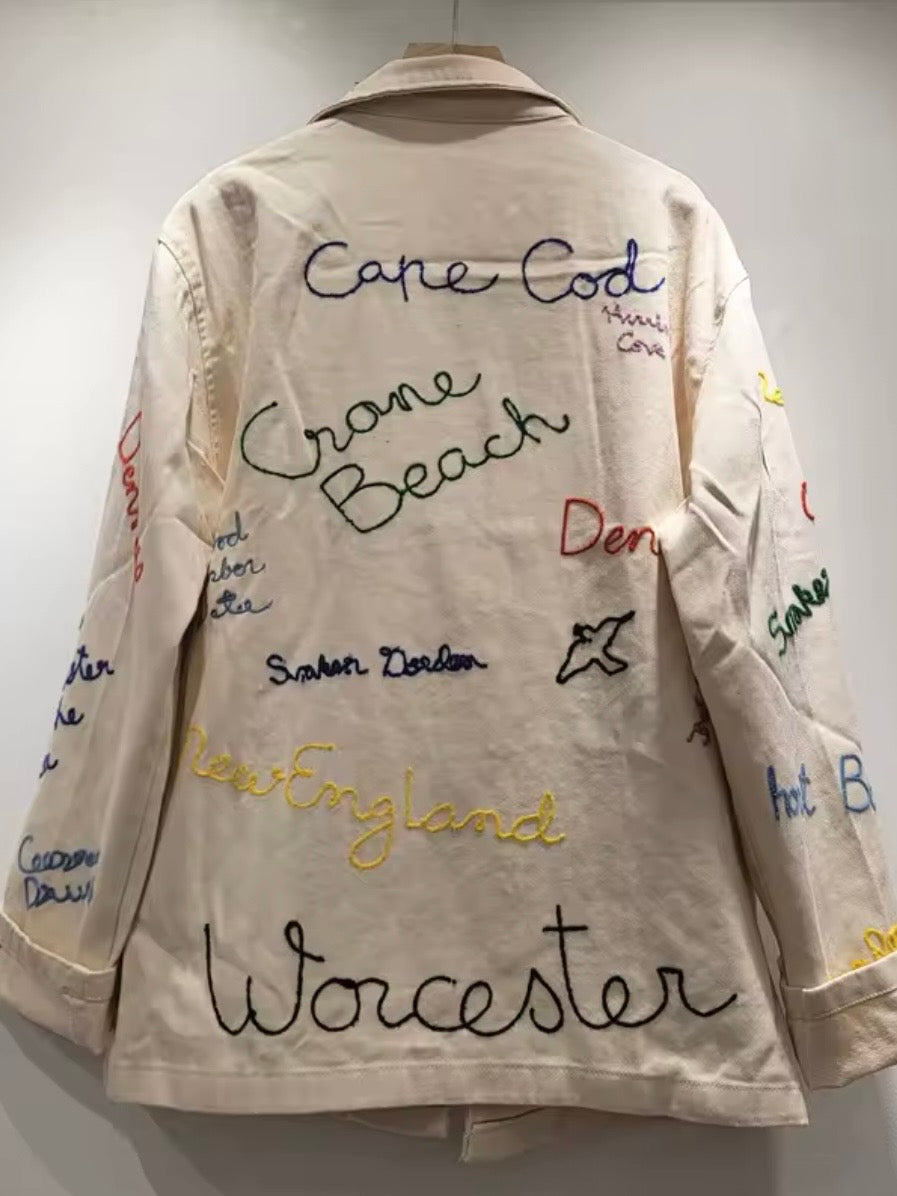 Natural and blue letters embroidered open front jacket