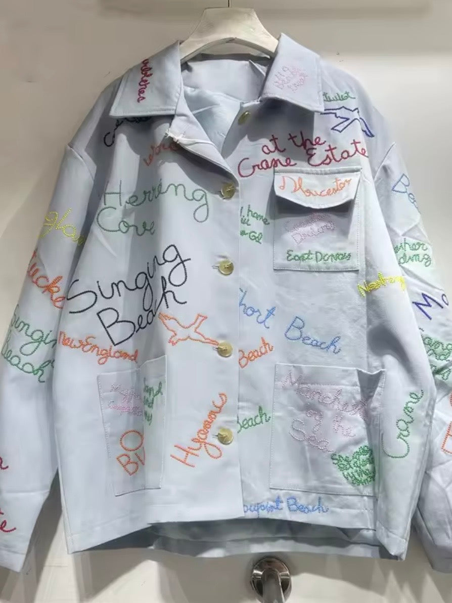 Natural and blue letters embroidered open front jacket