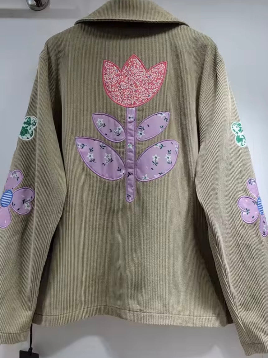 Green olive corduroy floral patched open front jacket