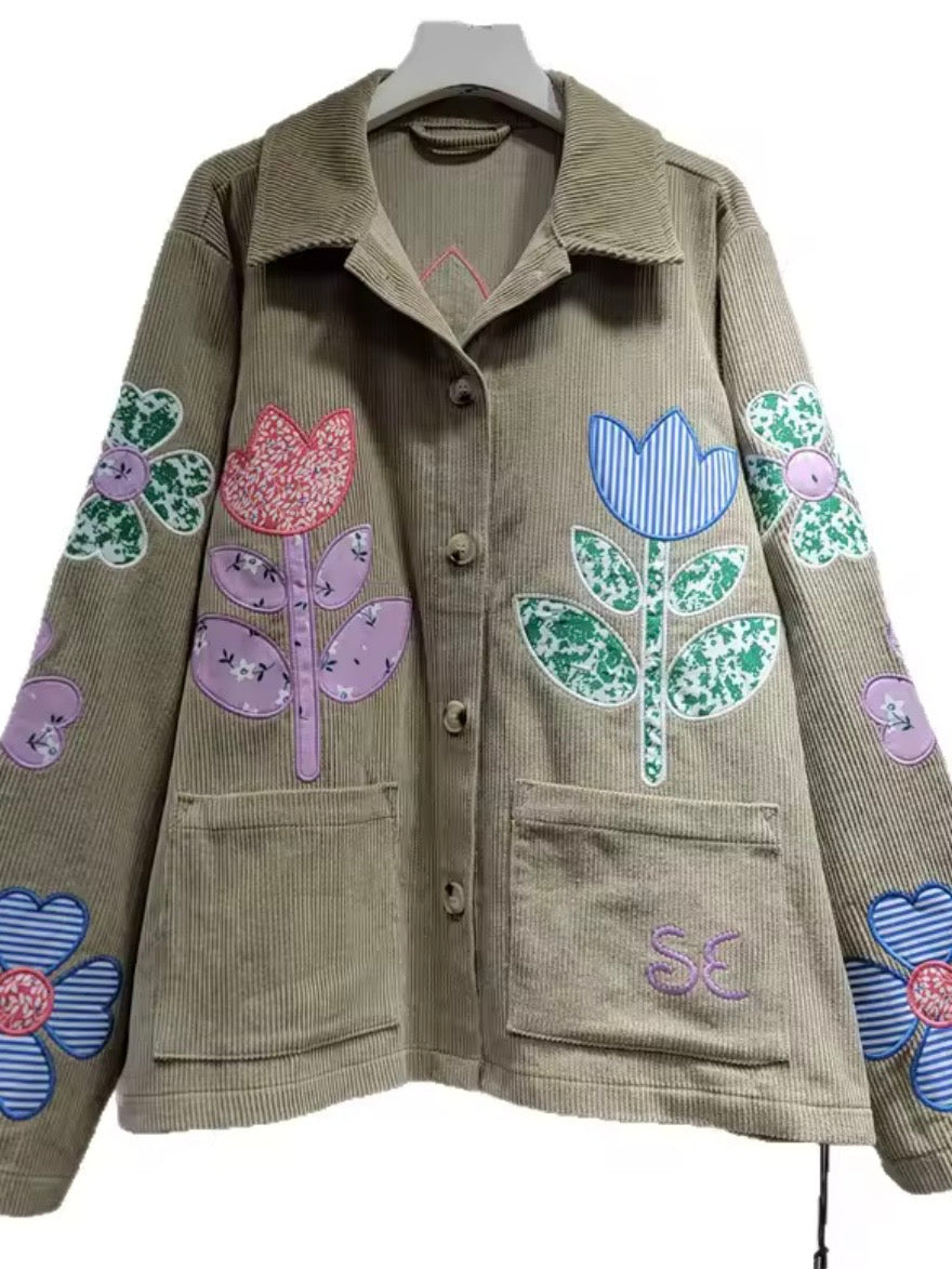 Green olive corduroy floral patched open front jacket