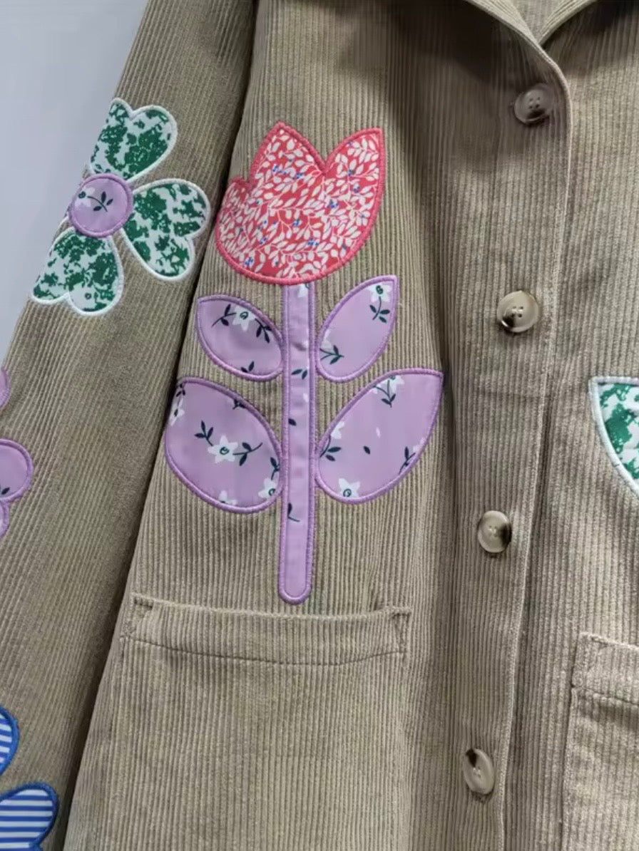 Green olive corduroy floral patched open front jacket