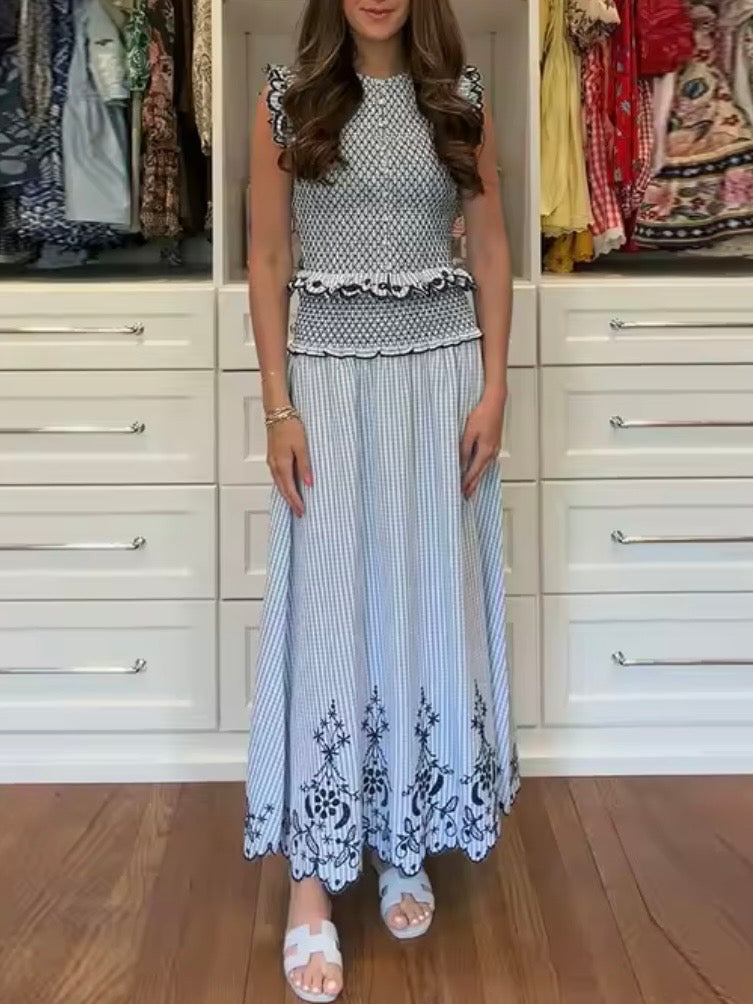 Blue and white eyelet Lace 2 Piece Set Top & Maxi Skirt