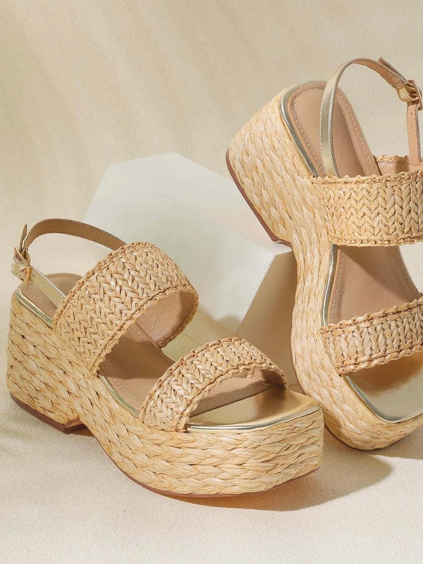 Natural beige high heels buckled sandals platform