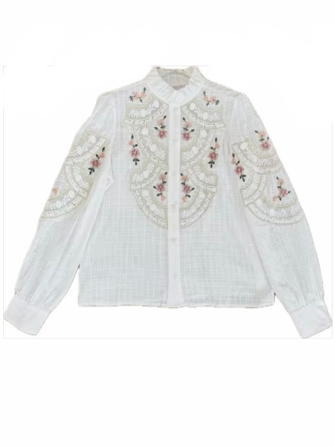 White floral embroidered long sleeves shirt