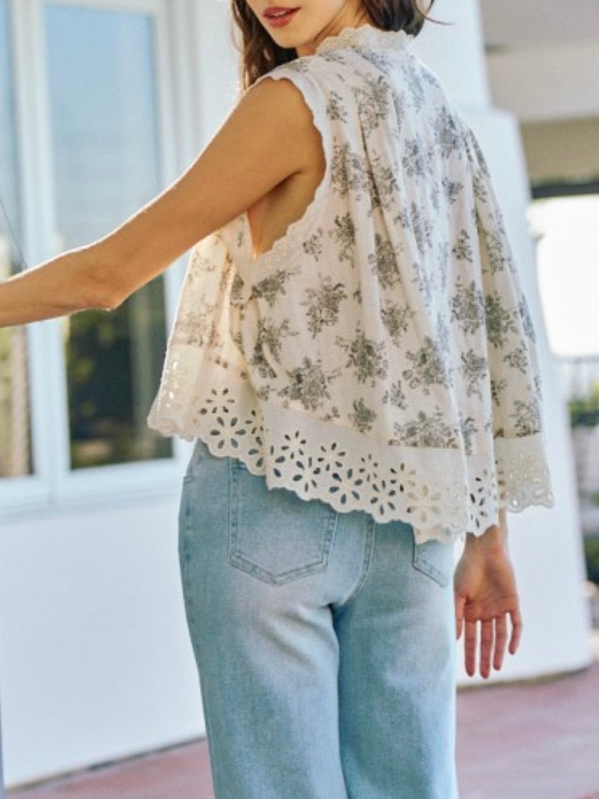 Beige with black floral details cutout top