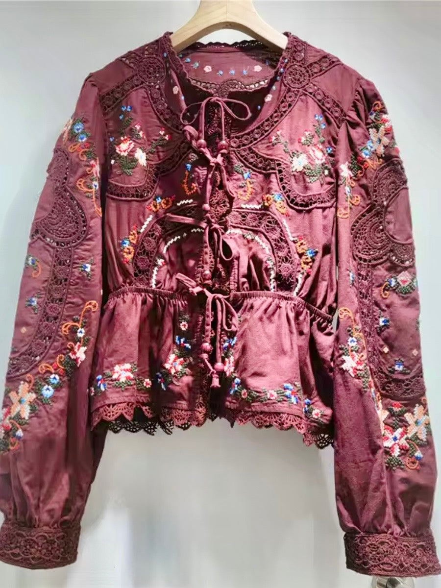 Blue, Burgundy and white embroidered floral bomber short sleeves shirt (Copy)