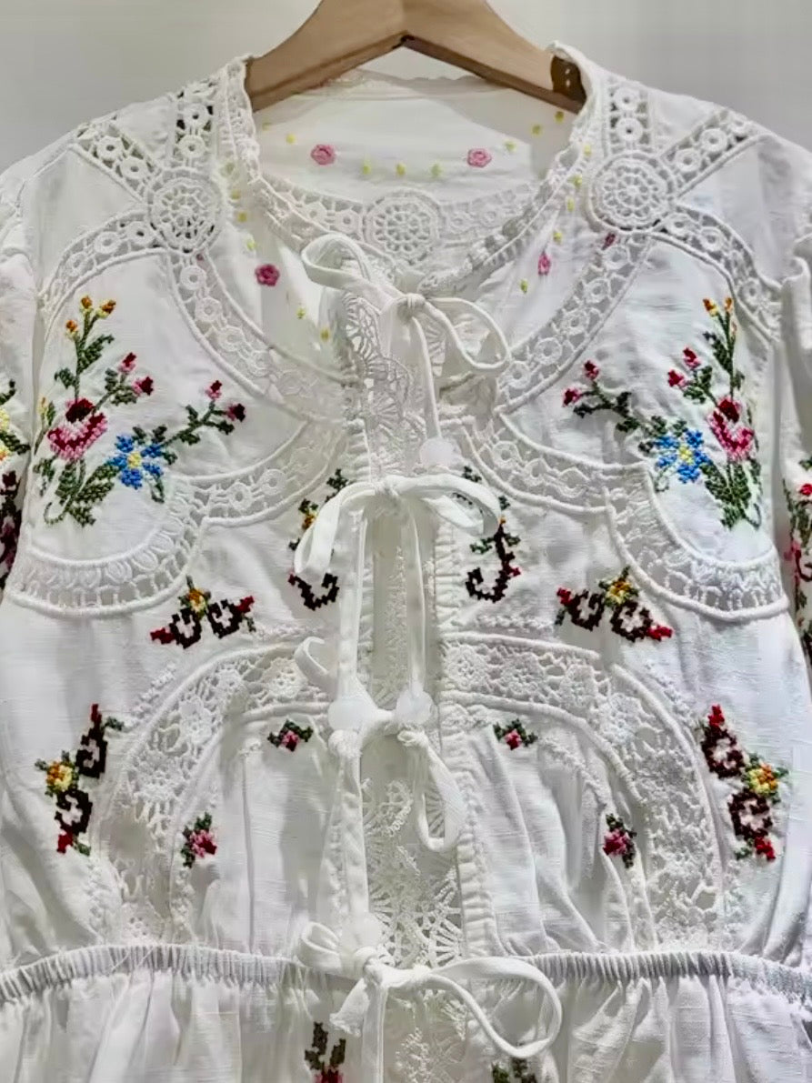 Blue, Burgundy and white embroidered floral bomber short sleeves shirt (Copy)