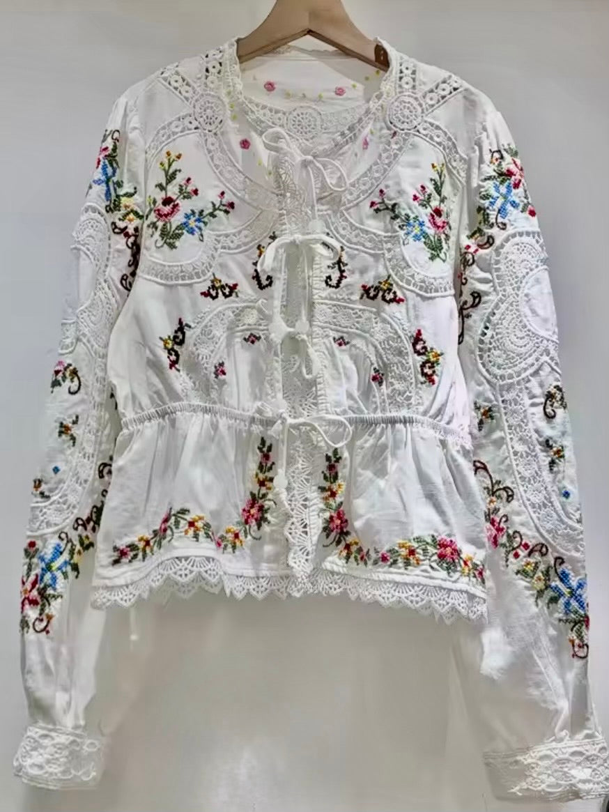 Blue, Burgundy and white embroidered floral bomber short sleeves shirt (Copy)