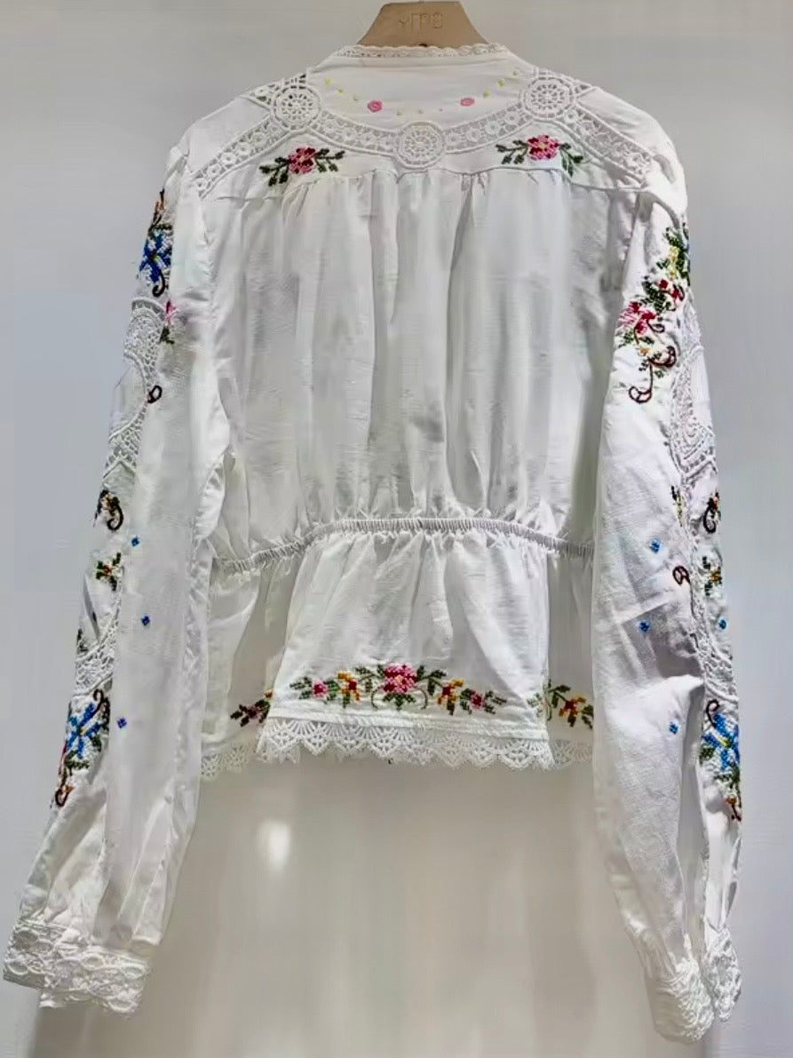 Blue, Burgundy and white embroidered floral bomber short sleeves shirt (Copy)
