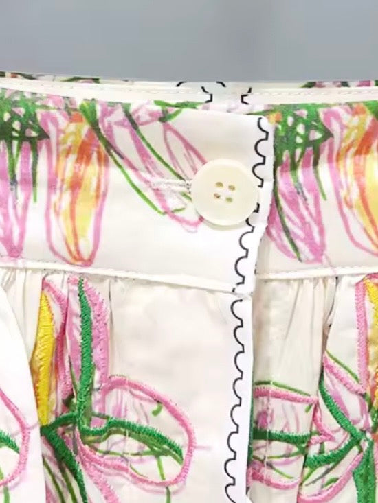 White floral printed and embroidered set of 2 top and skirt