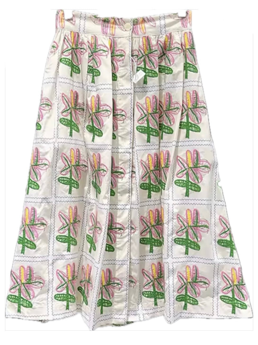 White floral printed and embroidered set of 2 top and skirt