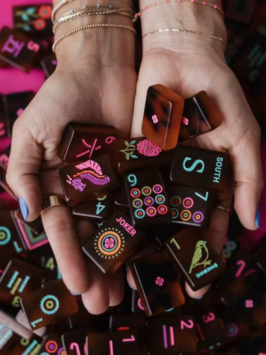 Brown, birds and flowers Mahjong tiles set