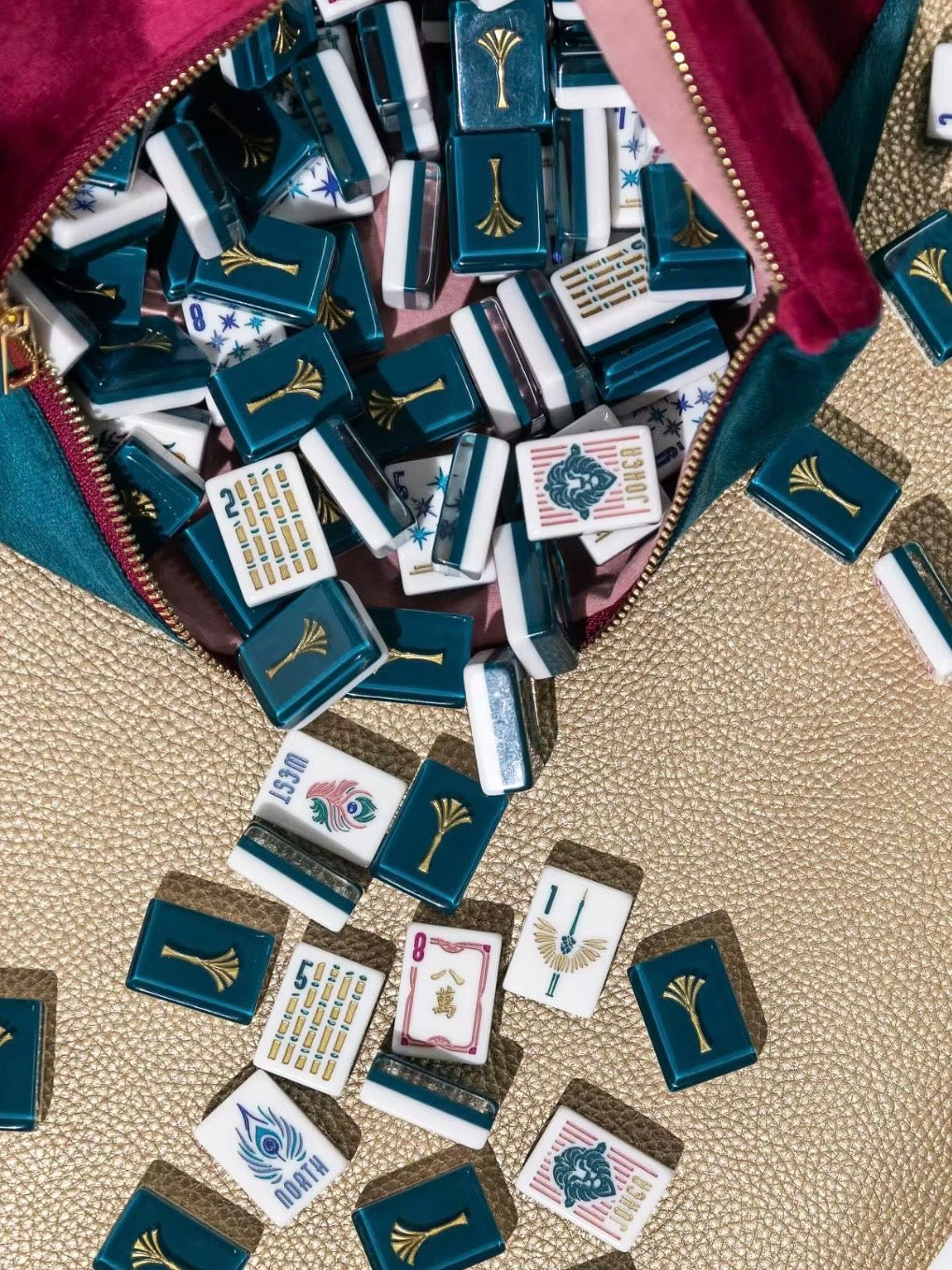 Burgundy and dark green, lions and dragons Mahjong tiles set