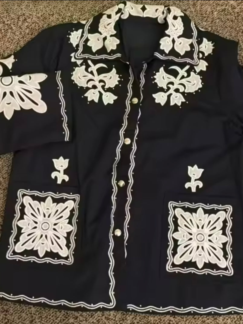 Dark blue and white embroidered floral shirt