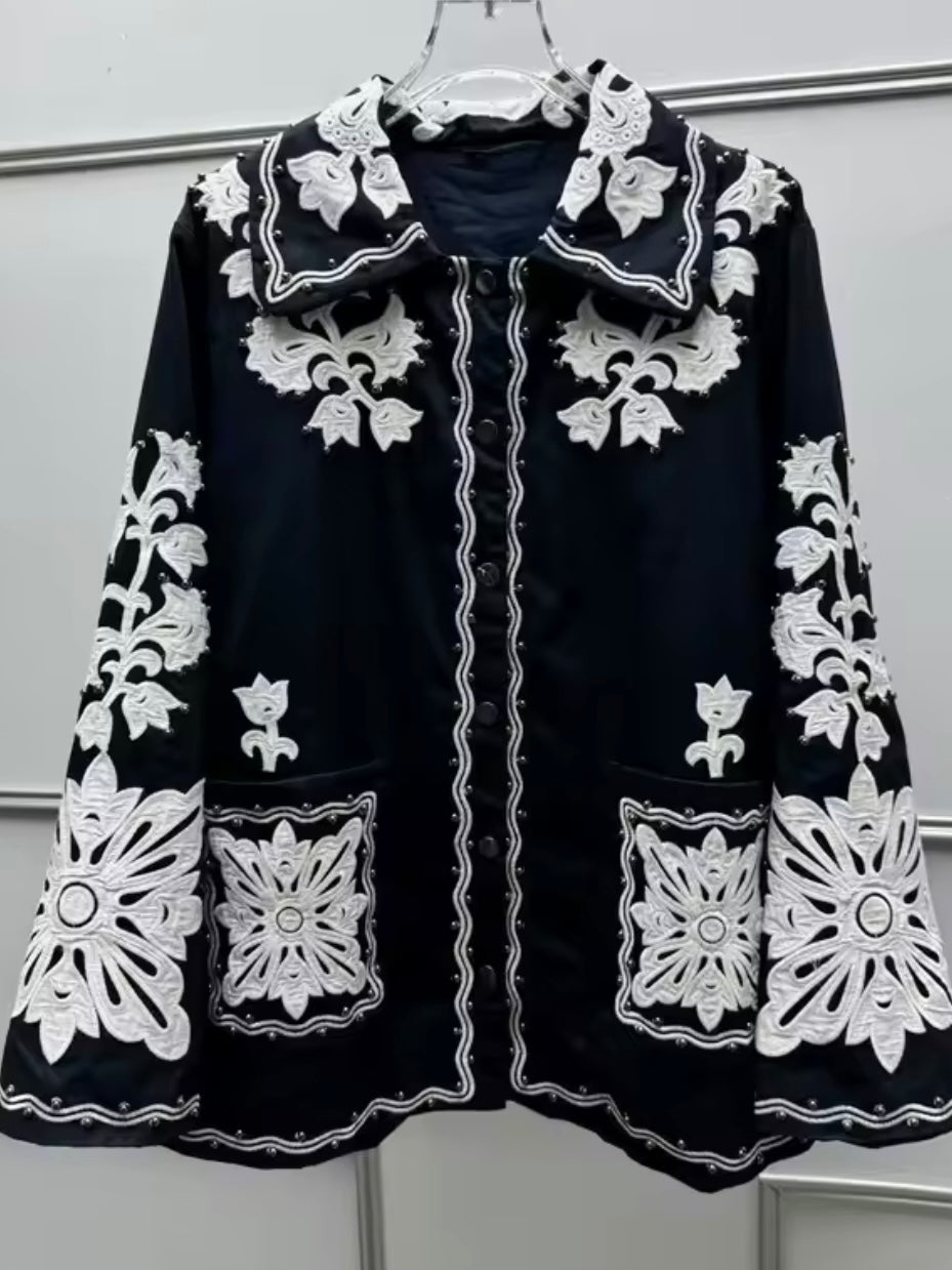 Dark blue and white embroidered floral shirt