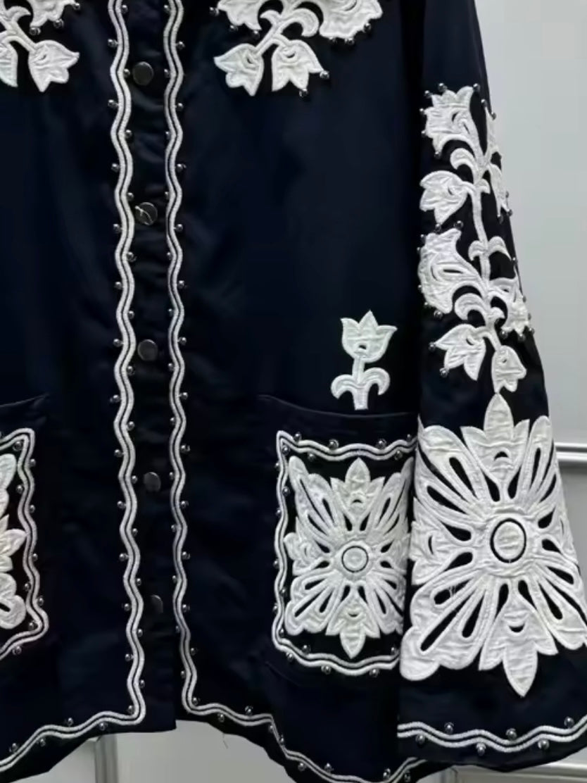 Dark blue and white embroidered floral shirt