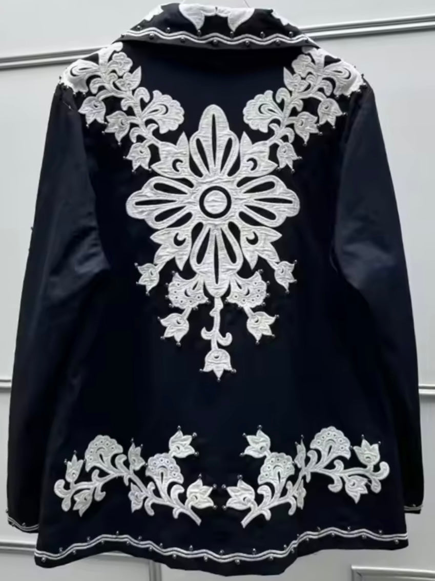 Dark blue and white embroidered floral shirt