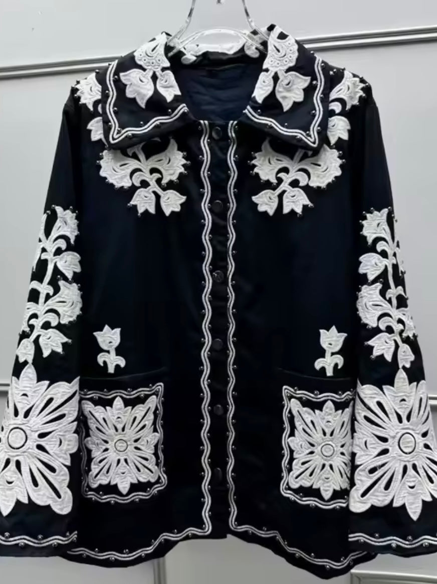 Dark blue and white embroidered floral shirt