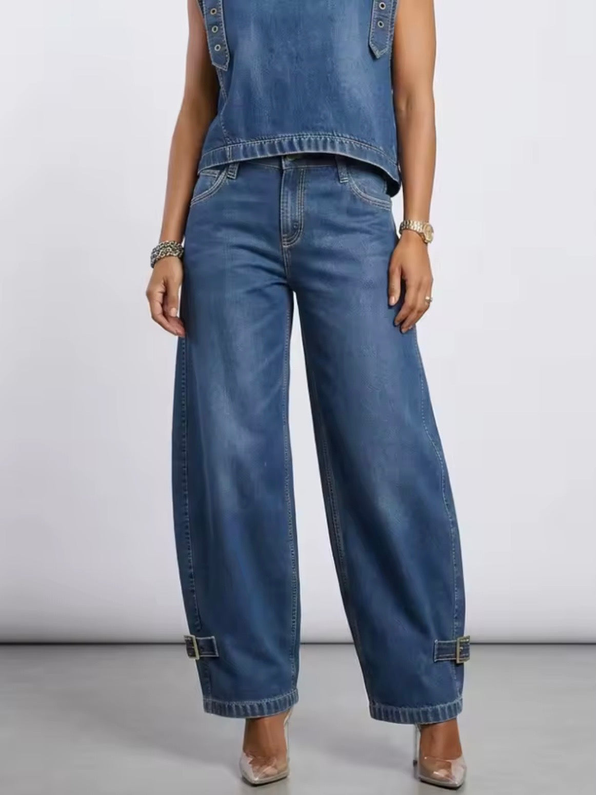 Blue jeans with gold metallic detailing sleeveless top and pants set