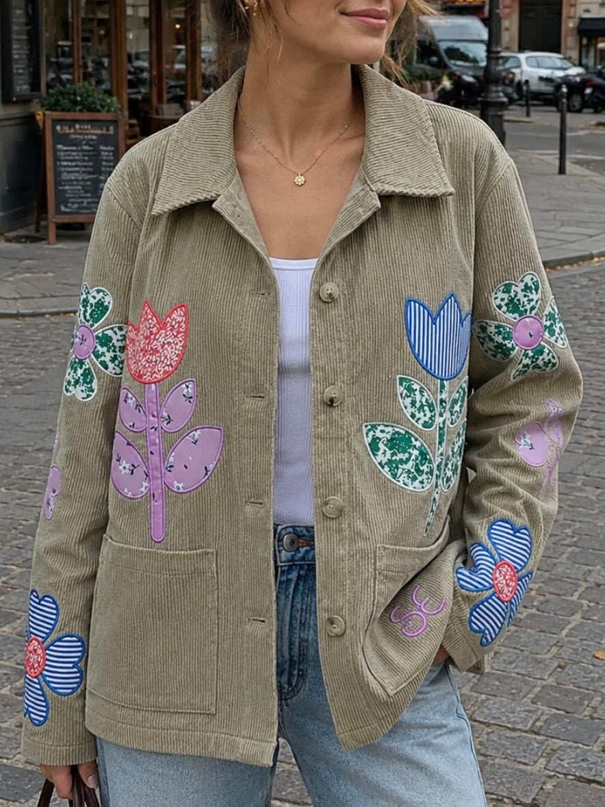 Green olive corduroy floral patched open front jacket