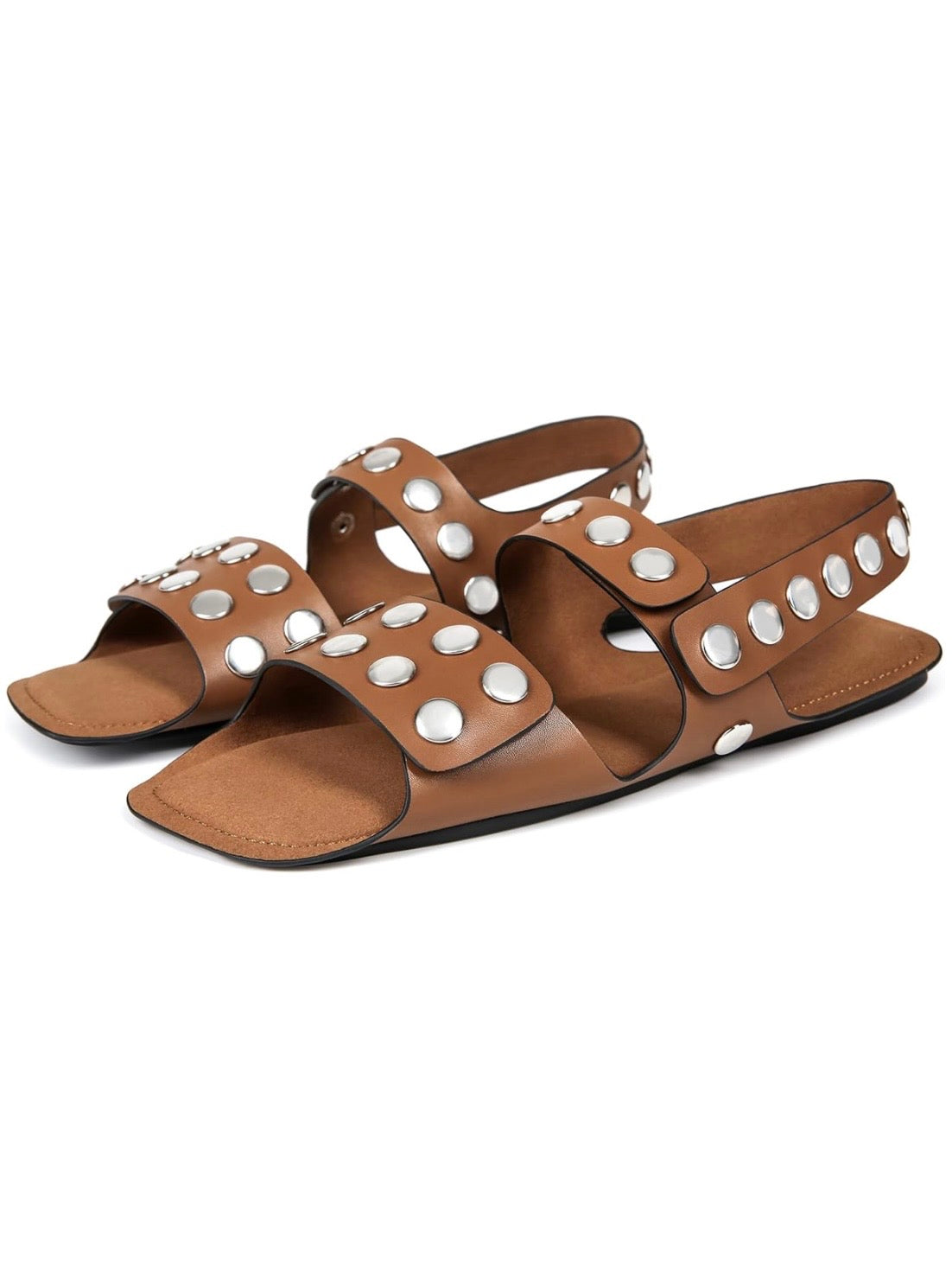 Brown flat square shape sandals studded details