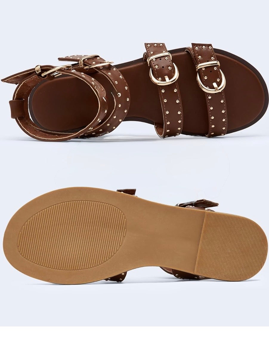 Brown Roman gladiator gold studded sandals