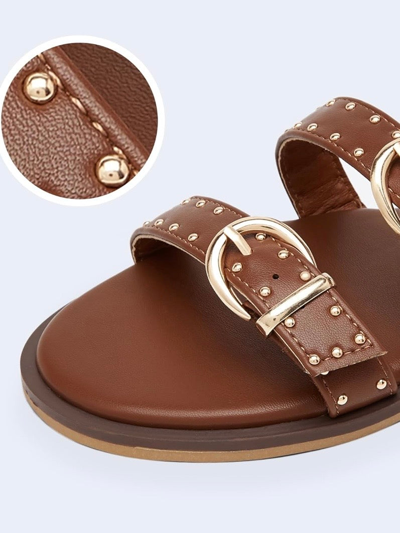 Brown Roman gladiator gold studded sandals