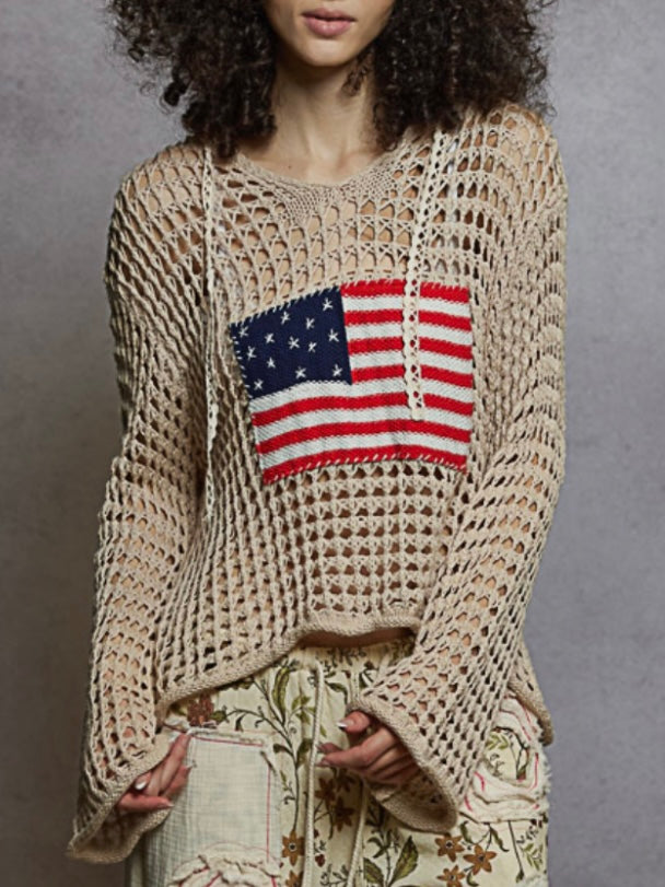 Beige and white American flag hooded knitted light sweater