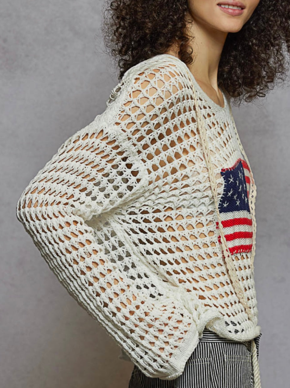 Beige and white American flag hooded knitted light sweater