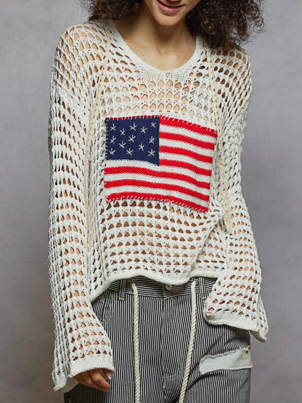Beige and white American flag hooded knitted light sweater