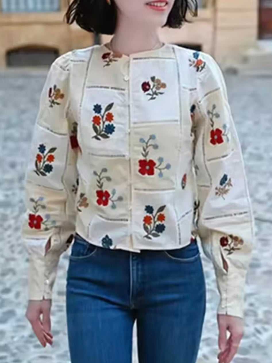 White and Beige squared fabric floral embroidered details long sleeves shirt