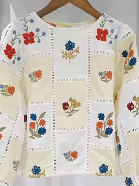 White and Beige squared fabric floral embroidered details long sleeves shirt