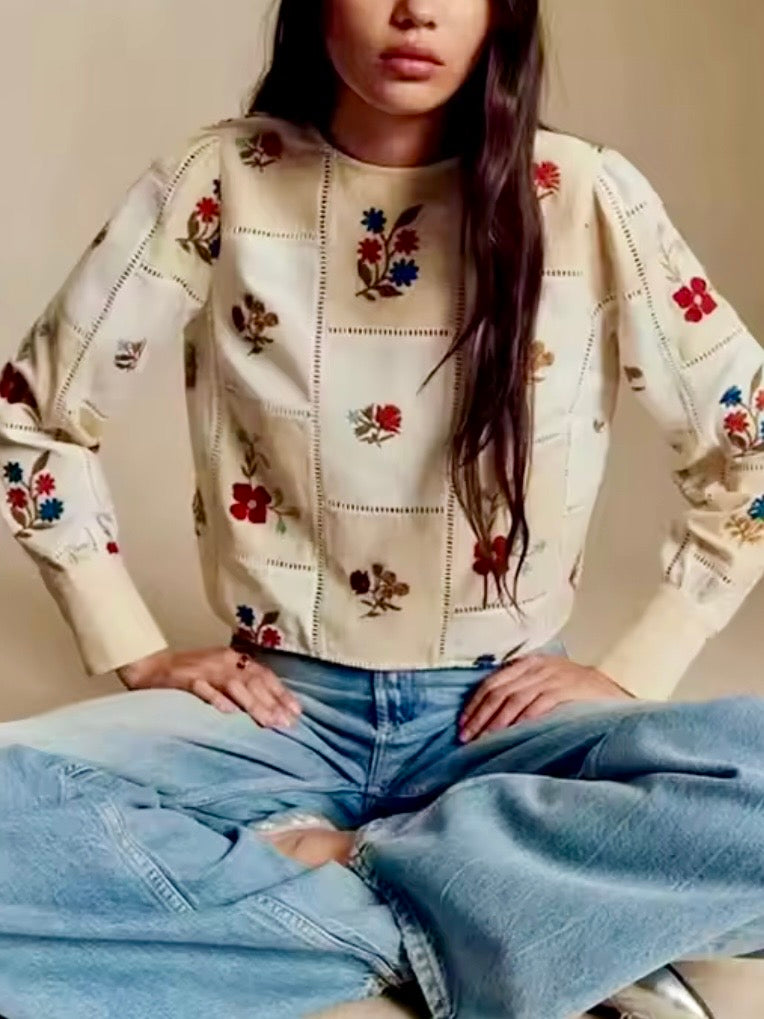 White and Beige squared fabric floral embroidered details long sleeves shirt