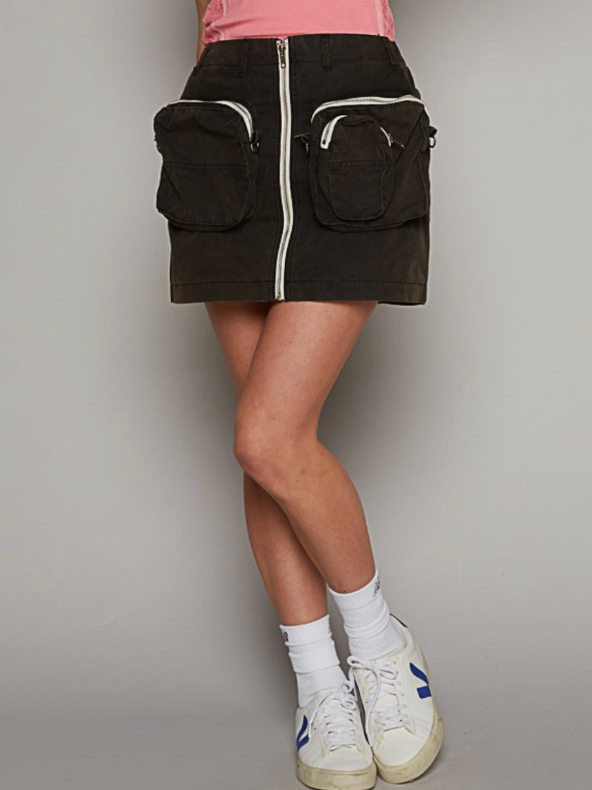 Black and green zippered mini skirt
