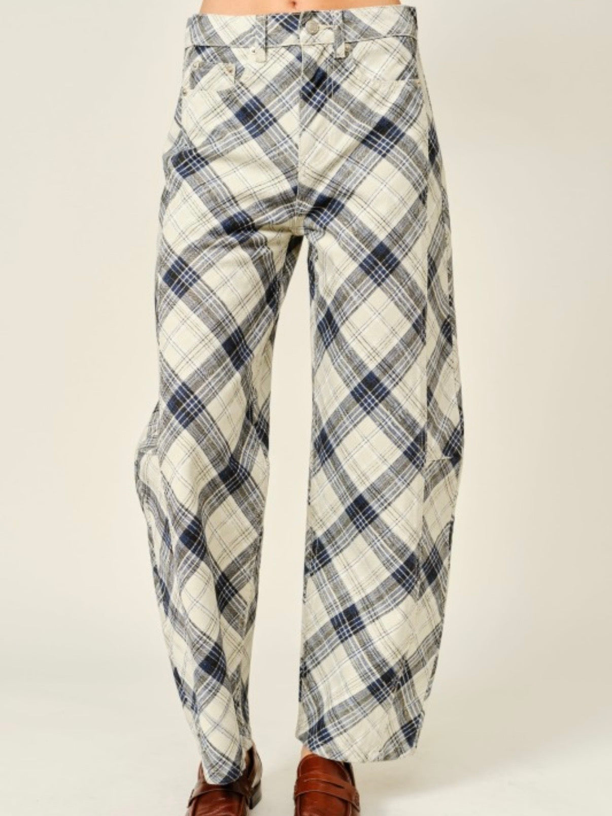 Beige Striped & Square Print Barrel Pants – Limited Edition