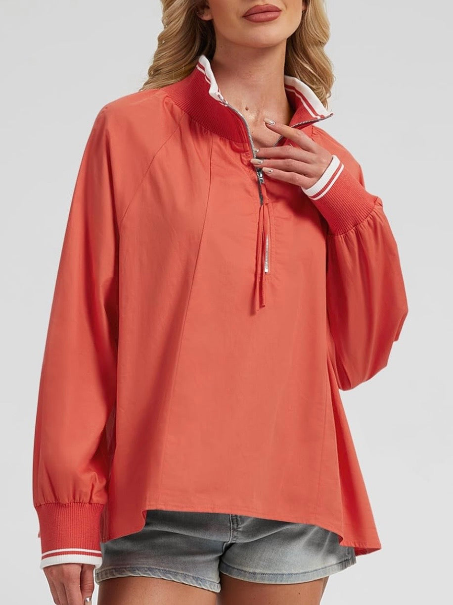 Orange solid color, zipper neckline long sleeves top