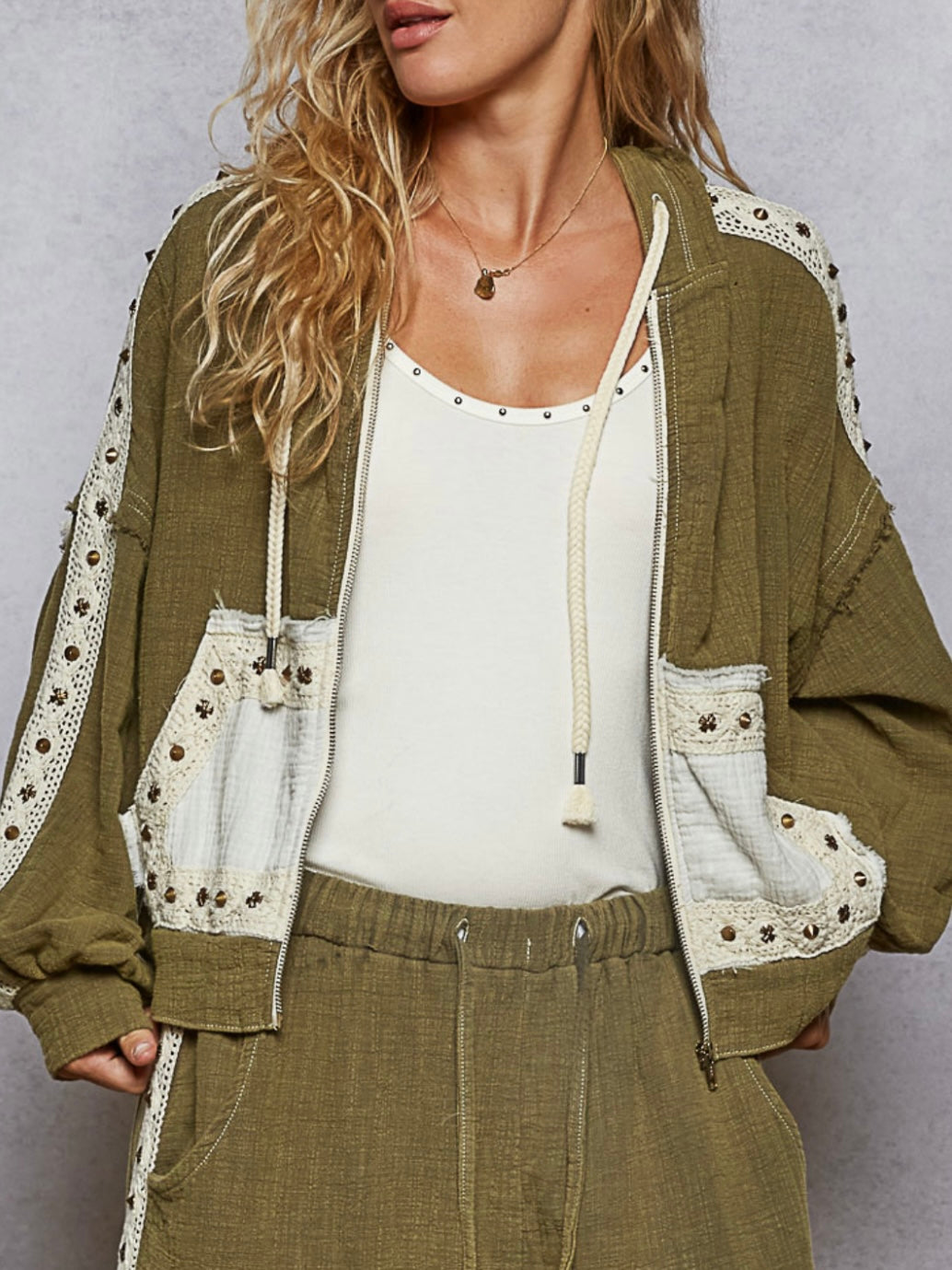 Olive dark green lace studs set of 2. Hoodie and joggers pants