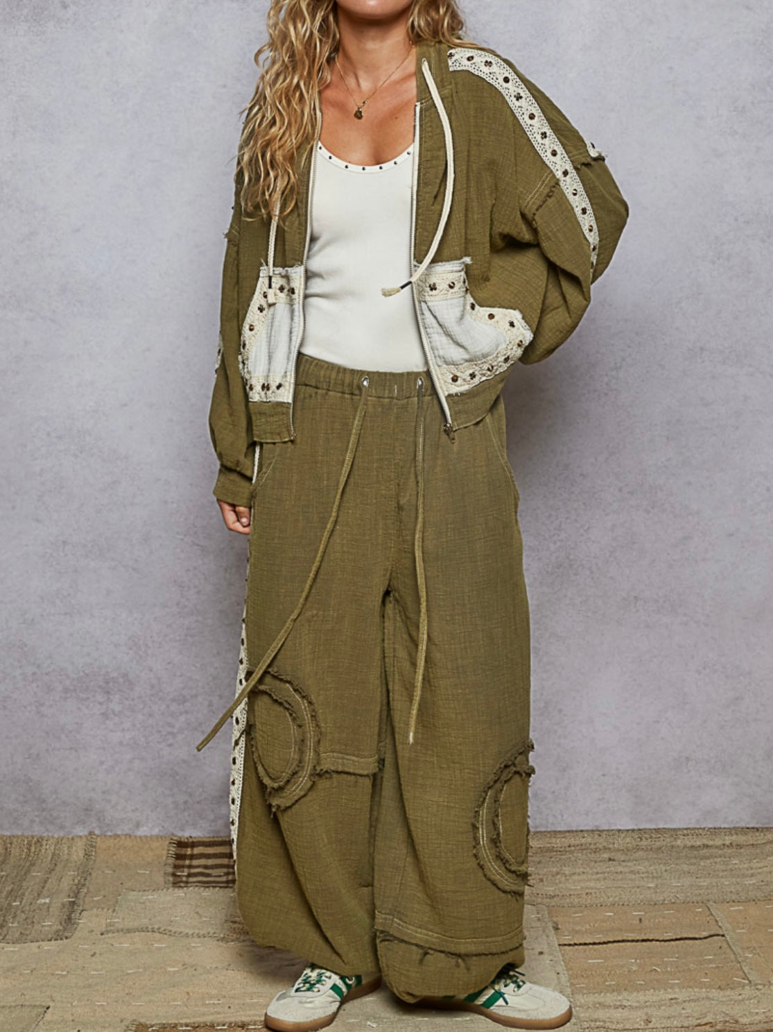 Olive dark green lace studs set of 2. Hoodie and joggers pants