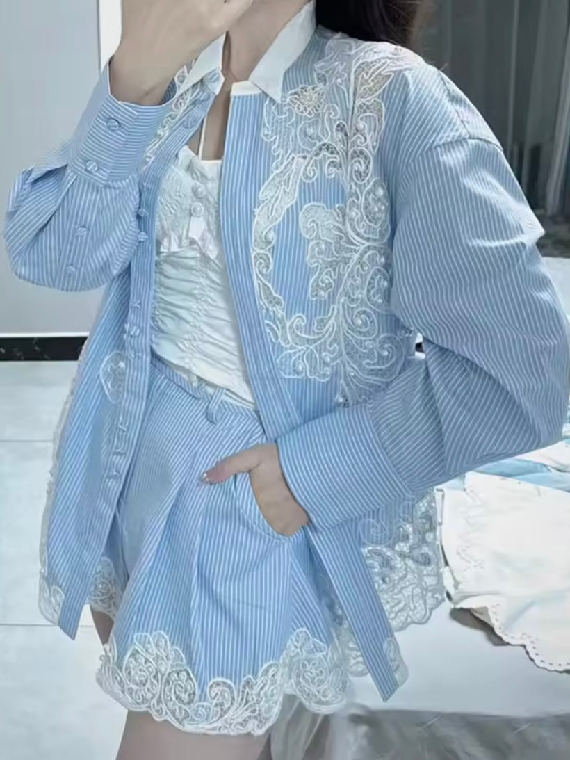 White and light blue striped floral lace set of 2 shirt and shorts pants