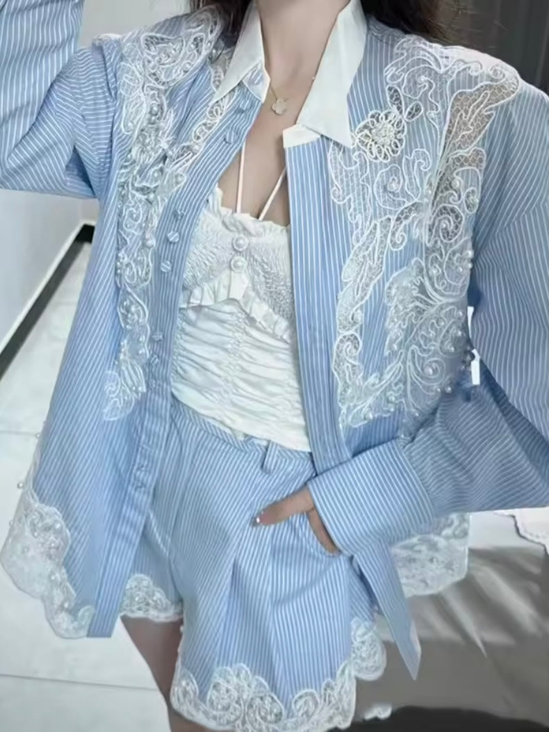 White and light blue striped floral lace set of 2 shirt and shorts pants