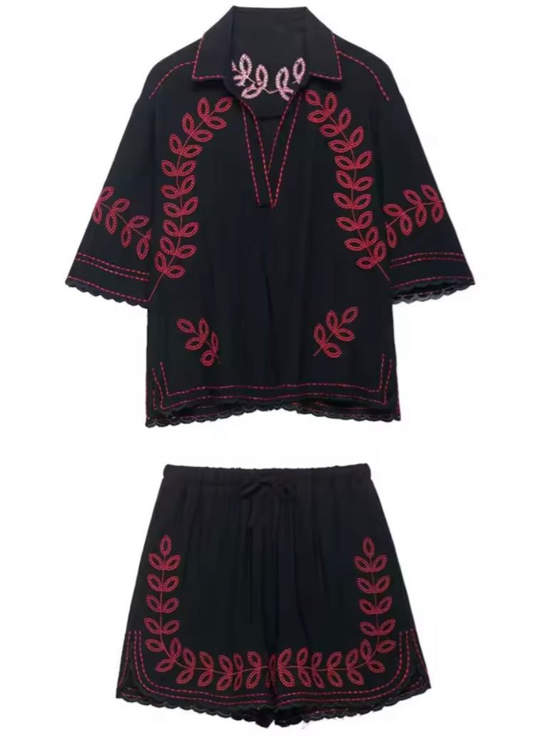 Black and red floral lace set of 2 shirt and shorts pants