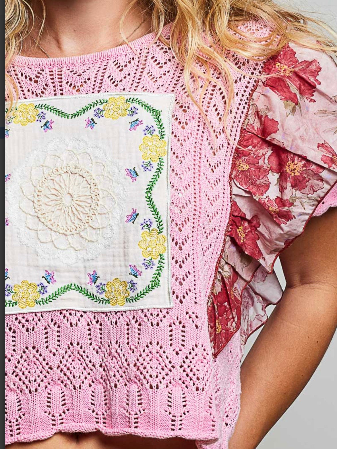 Knitted pink crochet ruffled crop top