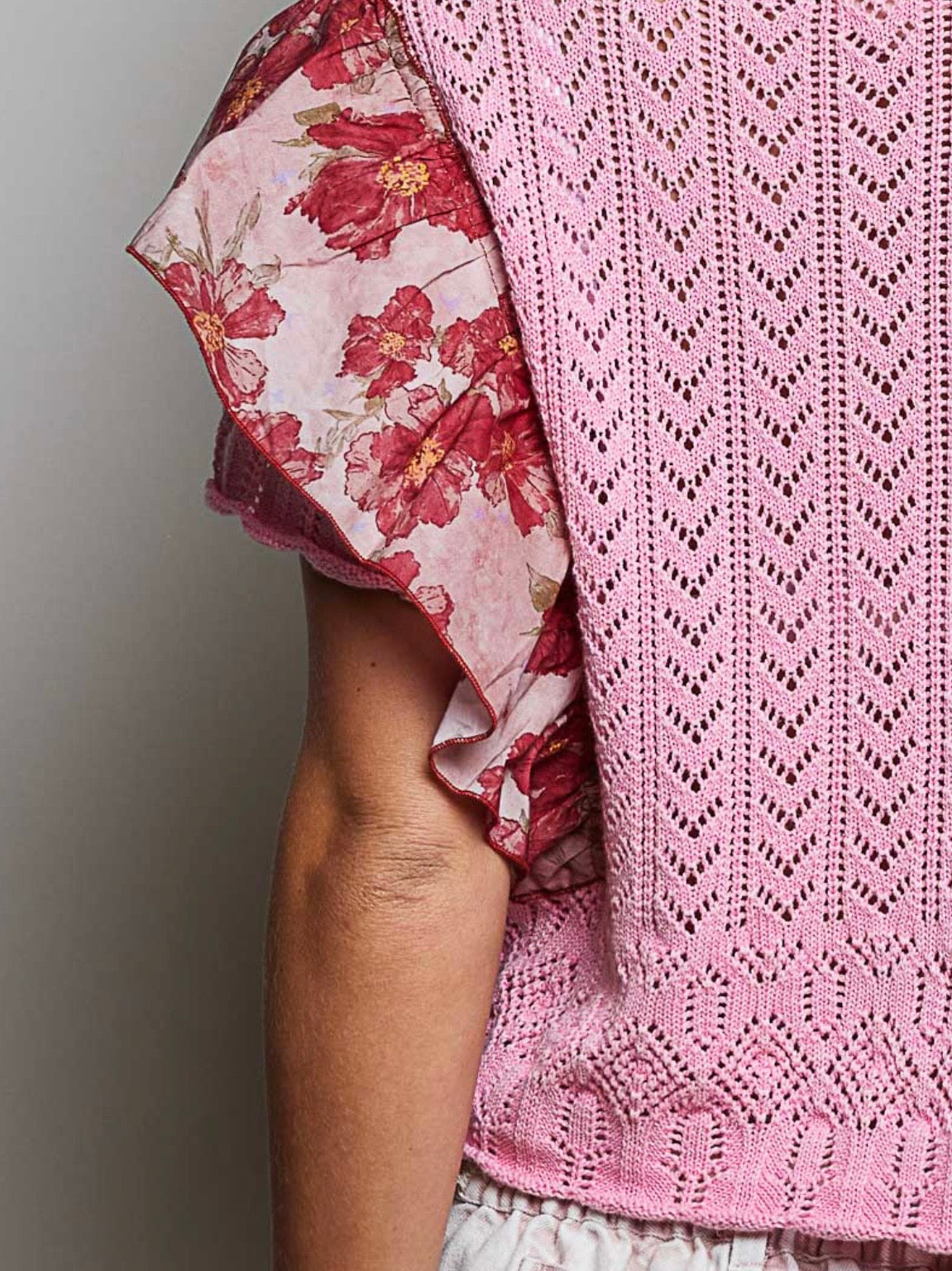Knitted pink crochet ruffled crop top