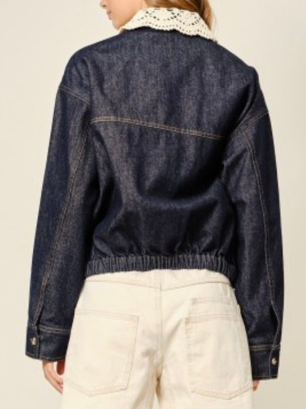 Black denim, crochet neck, zipper up jacket