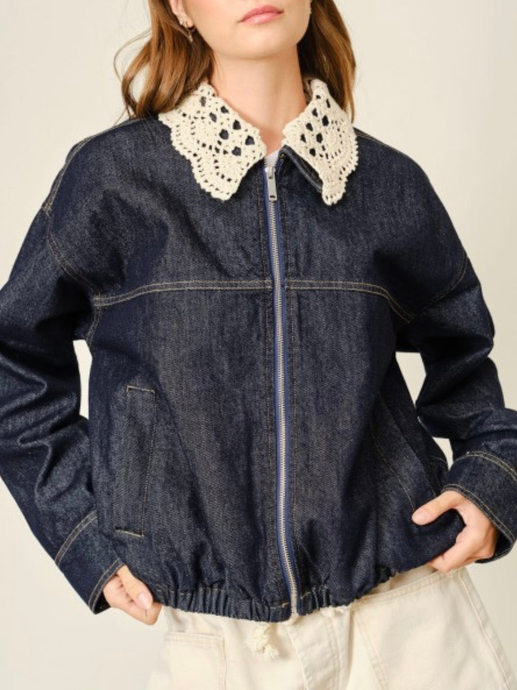 Black denim, crochet neck, zipper up jacket