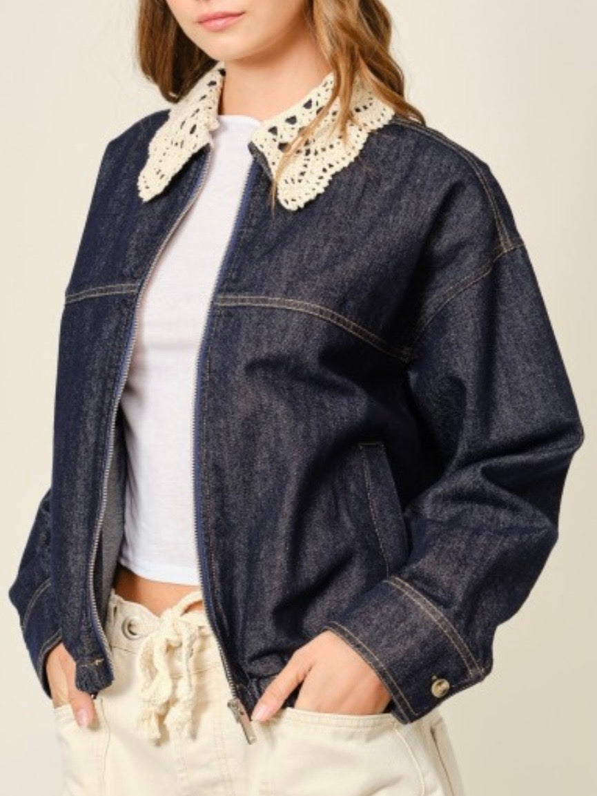 Black denim, crochet neck, zipper up jacket