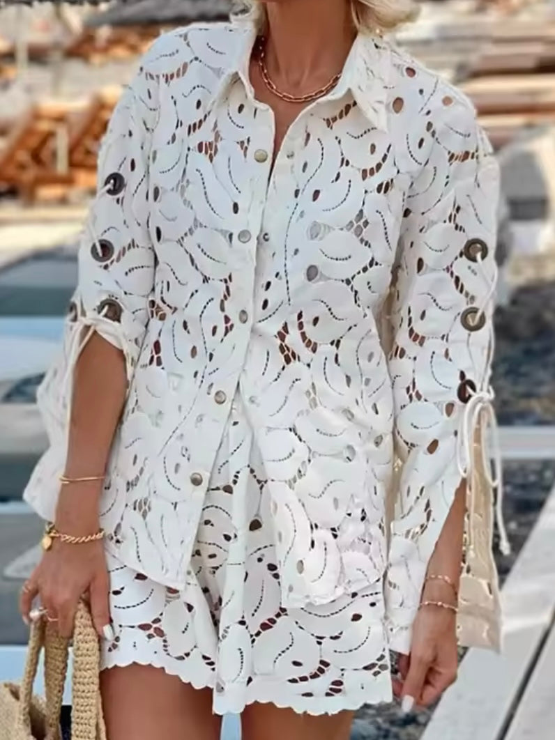 White leaves lace fabric set of 2 shirt and shorts pants