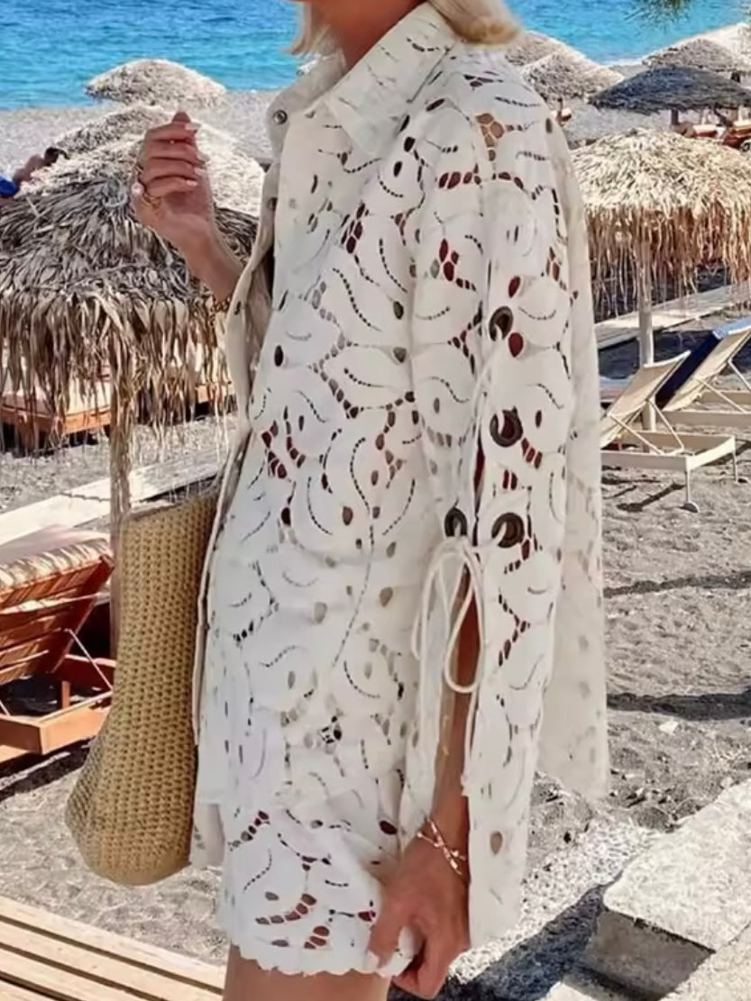 White leaves lace fabric set of 2 shirt and shorts pants