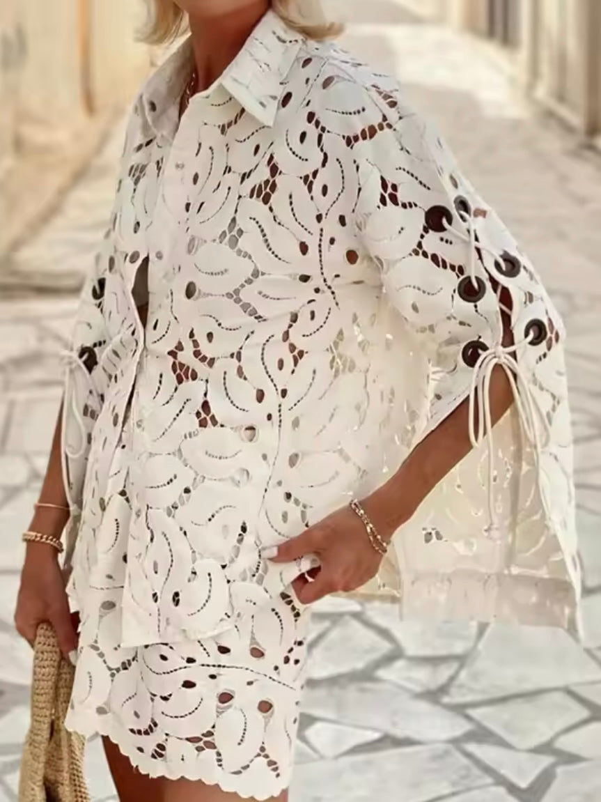 White leaves lace fabric set of 2 shirt and shorts pants